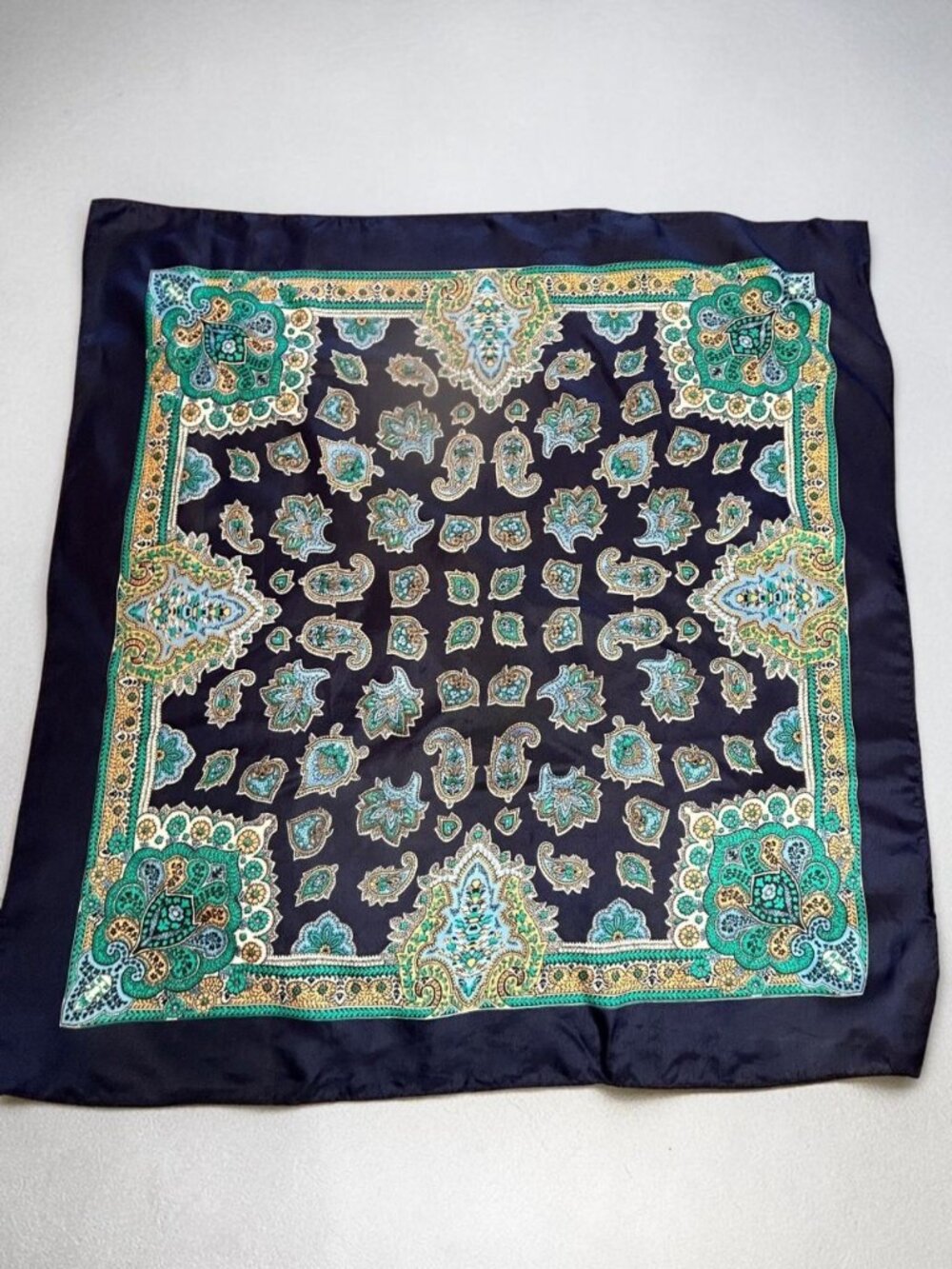 Sally Gee Vintage 22" Square Scarf Make in Japan Silk Blend Navy Blue Paisley
